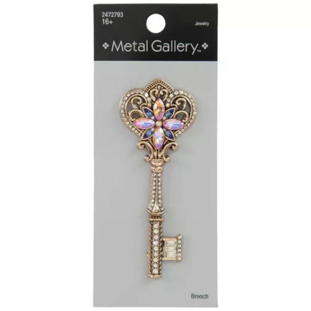 New Metal Gallery Ornate Rhinestone Key Brooch